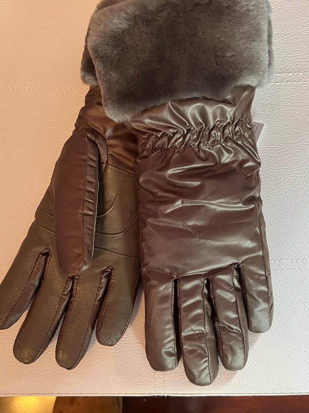 UGG Brown Quilted Leather & Faux Fur Winter Gloves